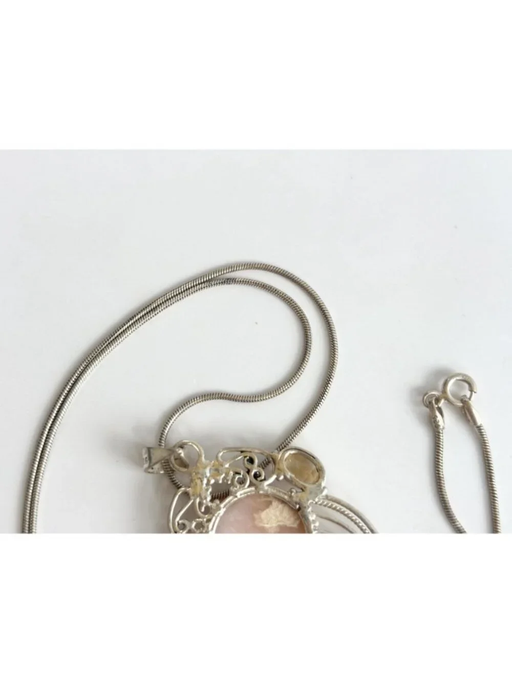 Rose Quartz Amethyst & Citrine Sterling Silver 925 Vintage Pendant Necklace 20